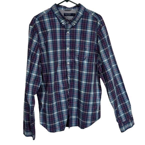 Nautica NavTech Plaid Long Sleeve Front Button Shirt 2XL XXL Office Career Mens - Picture 1 of 9